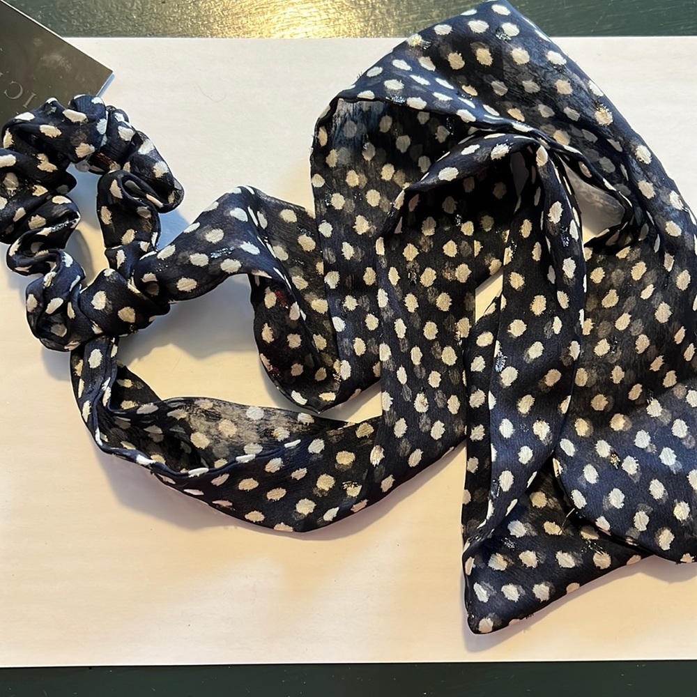 Hair scrunchies. NWT. Navy blue polka dot, removable tie.
